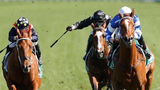 Jason Collett on Gytrash (right) wins the Concorde Stakes on Saturday.