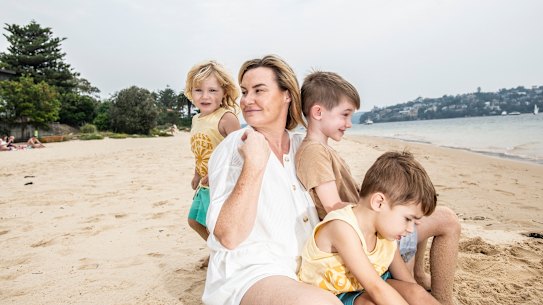 Jessica Prescott, pictured with her sons William, Leo and Alex, is selling her family’s Nelson Bay holiday home.