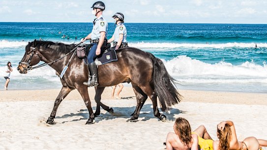 NSW Police patrole Bondi Beach keeping the COVID-19 restrictions in place.
14th August 2021
Photo: Steven Siewert