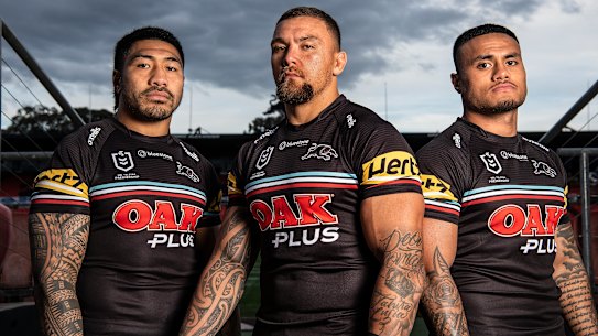 Penrith’s fearsome front-rowers Moses Leota, James Fisher-Harris and Spencer Leniu.