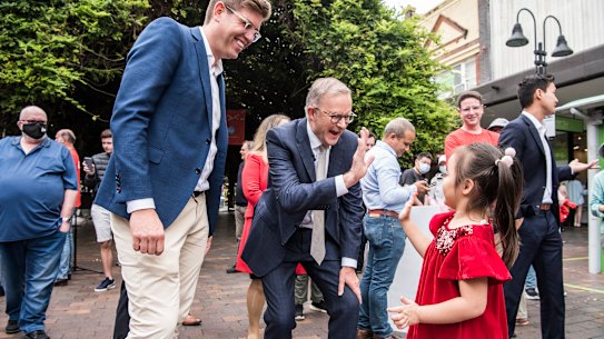 The new Labor candidate for Bennelong, Jerome Laxale, with Anthony Albanese at Eastwood Mall on Saturday morning.