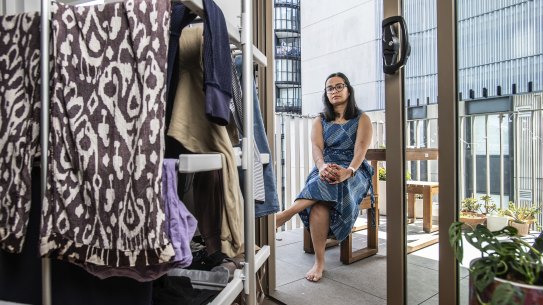 Vaidehi Shah has a drying rack set up in their living room because the strata bylaws prohibit it from going on the balcony.