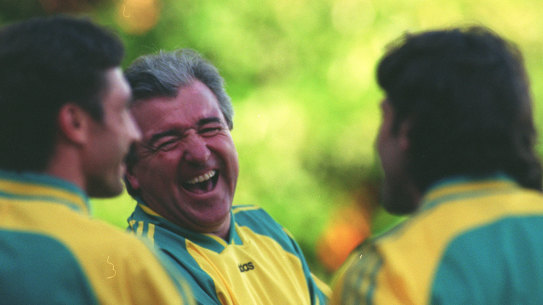 Terry Venables, then Socceroos boss, during a training session with the Australian squad in January 1997.