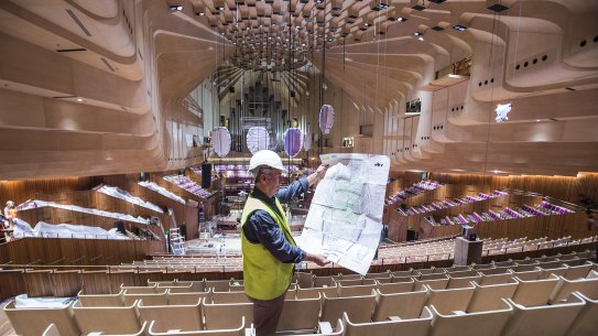 Project manager of chair install Tony Cocks at the revamped Concert Hall.   