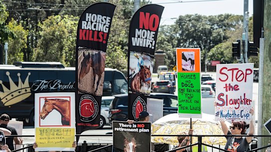 Protesters gather outside Randwick Racecourse.