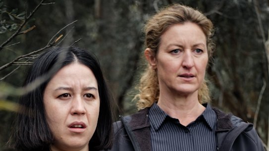 Laugh until you cry: Nina Oyama as Abby and Kate Box as Dulcie in <i>Deadloch</i>.