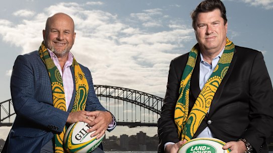 Rugby Australia interim chief executive Rob Clarke (left) and chairman Hamish McLennan (right) after last week's announcement that Australia will host the Rugby Championship. 