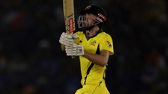 Ashton Turner watches the ball sail for six against India in the fourth ODI.
