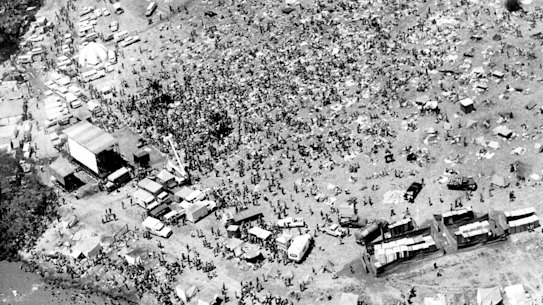 Aerial view of the scene at the 1972 Sunbury pop festival.