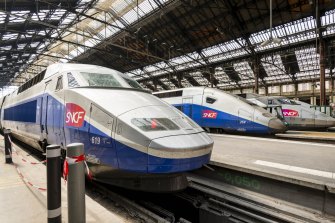 High speed TGV trains parked at the Gare de Lyon train station.