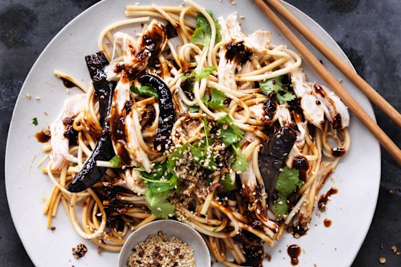Chicken and udon noodle salad with chilli and Sichuan pepper.
