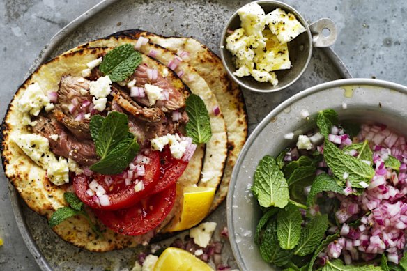 Souvlaki-meets-taco: Lamb and feta wraps with mint salsa.