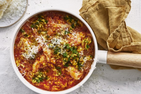 Saffron, tomato and prawn risotto.