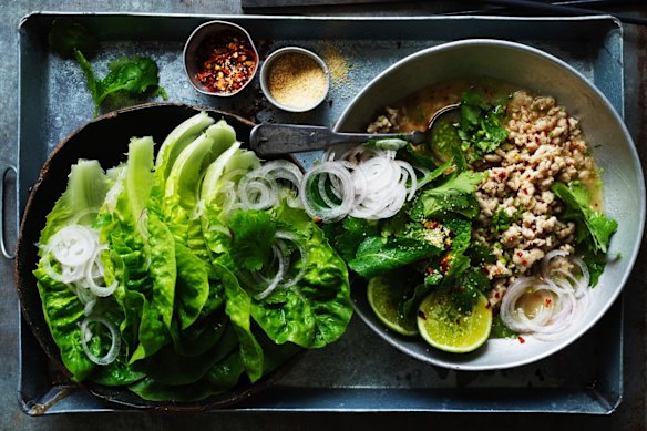 Chicken larb with roasted rice.