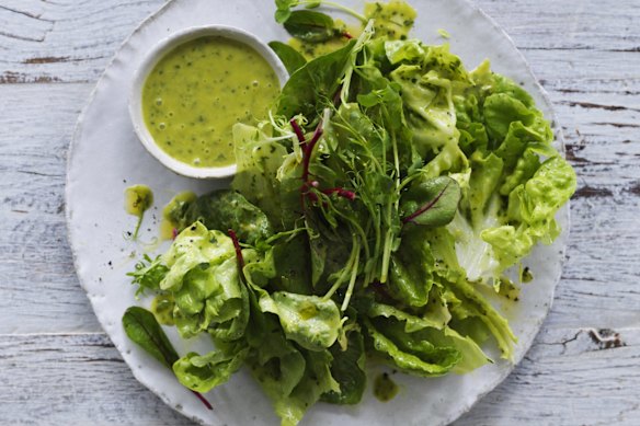 A simple leaf salad is the perfect partner to just about anything: a bit of salmon cooked in a pan for five minutes, a steak, roast chook or a cheese platter.