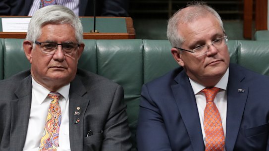 Indigenous Australians Minister Ken Wyatt with Prime Minister Scott Morrison during the Closing The Gap addresses to Parliament.