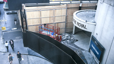 Construction hoardings surround the 1100 seat Theatre Royal. 