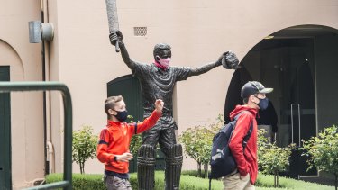 The statue of Steve Waugh fitted with a mask.