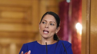 Britain's Home Secretary Priti Patel speaks.