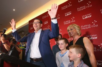 Daniel Andrews, his wife Catherine and their children, after winning the 2014 election.
