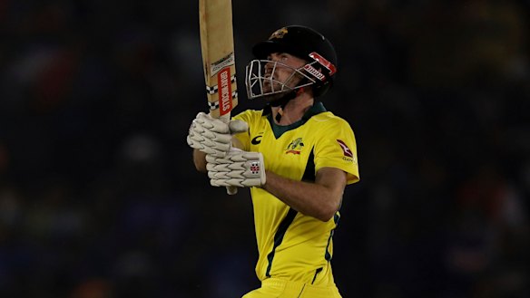 Ashton Turner watches the ball sail for six against India in the fourth ODI.
