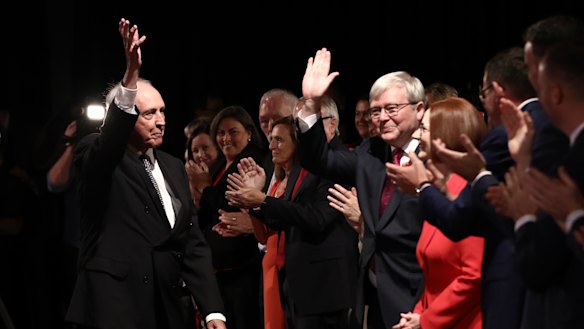 Former prime ministers Paul Keating and Kevin Rudd, pictured at the 2019 Labor campaign launch, have launched a blistering attack on the government over superannuation.
