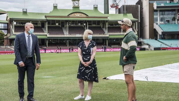 Venues NSW boss Kerrie Mather (centre) says capacity at the ground will be reduced to 25 per cent for the third Test.