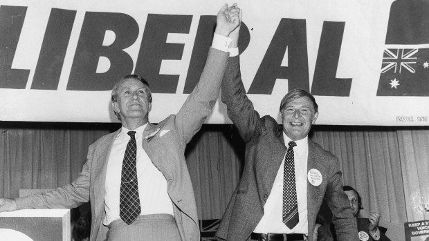 Doug Anthony and Malcolm Fraser at a Liberal Party rally in Sydney in 1980.