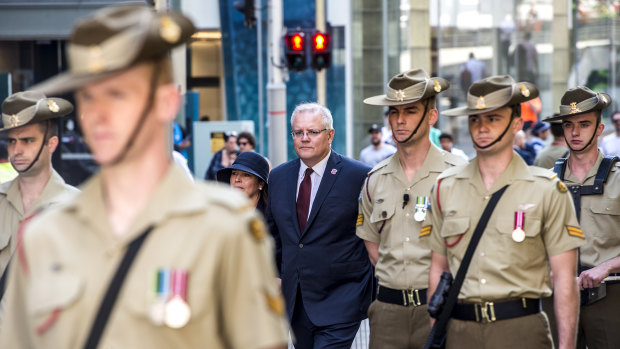 Prime Minister Scott Morrison attends the Remembrance Day service at Martin Place on Monday.