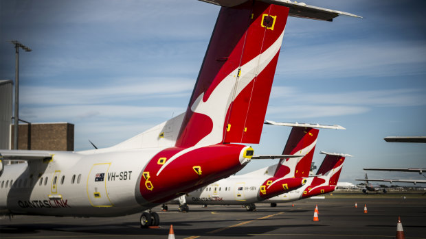 Qantas regional aircraft mothballed at Sydney domestic airport.