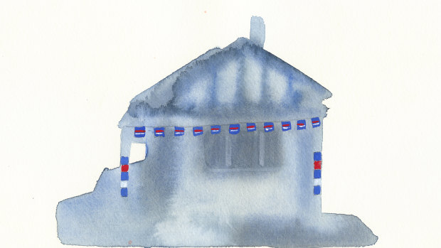 “Footscray 2”, from the series on houses decorated in Western Bulldogs colours in 2016, when the club won its first flag in 62 years (gouache, 2018).