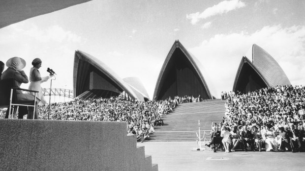 Queen Elizabeth speaks at the opening of the Opera House in 1973.