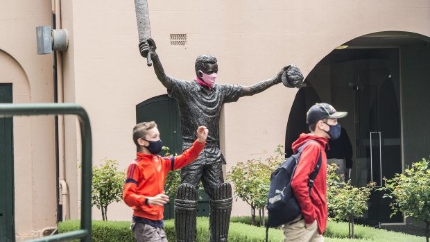 The statue of Steve Waugh fitted with a mask.