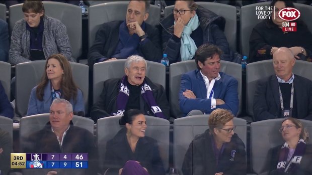 Seven West Media chairman Kerry Stokes sits alongside AFL boss Gill McLachlan in Western Australia on Saturday night.