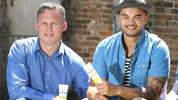 Singer Guy Sebastian and his former manager Titus Day (left) promoting Solar D sunscreen, now the subject of a Federal Court dispute between the pair.