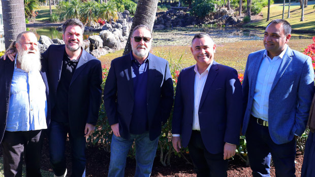 At the announcement of the new studio in Coffs Harbour (from left) Jack Thompson, Keith Rodger, Russell Crowe, deputy premier John Barilaro and local MP Gurmesh Singh.