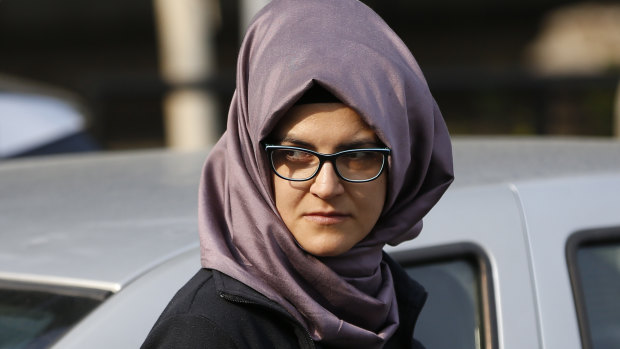A woman who identified herself as Hatice A., the Turkish fiancee of Saudi journalist Jamal Khashoggi, walks outside the Saudi Arabian consulate in Istanbul, on October 3.