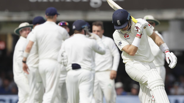 Gone: Joe Root reacts after Joe Denly is run out during the second day of the Test against Ireland at Lord's.