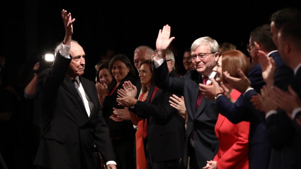 Former prime ministers Paul Keating and Kevin Rudd, pictured at the 2019 Labor campaign launch, have launched a blistering attack on the government over superannuation.