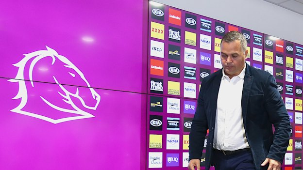 Anthony Seibold leaves after confirming he had stepped down as Broncos coach.