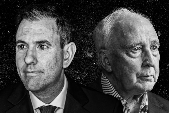 Treasurer Jim Chalmers (left) and former treasurer and prime minister Paul Keating.