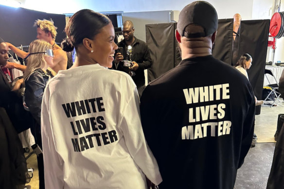 Kanye West wears a ‘White Lives Matter’ T-shirt alongside Candace Owens at Paris Fashion Week.