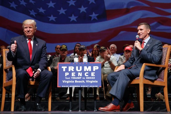 Michael Flynn speaks about the then presidential candidate Donald Trump at a campaign event in Virginia in 2016. 