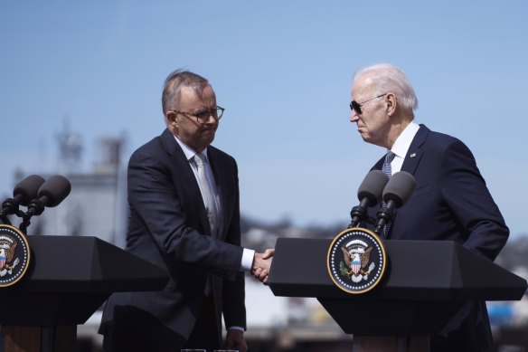 Prime Minister Anthony Albanese (left) and US President Joe Biden before an AUKUS meeting  in 2023. AUKUS  is likely to survive Trump despite Biden’s involvement in its birth.