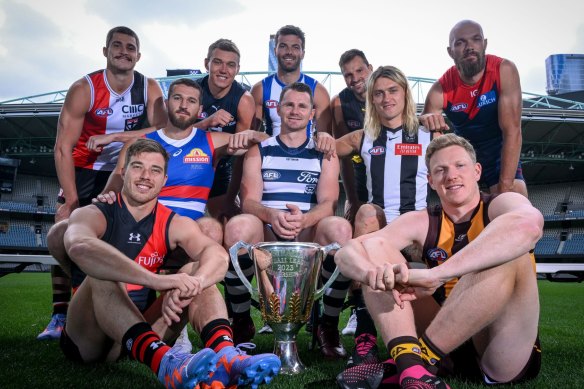 The 2023 Victorian AFL captains at Marvel Stadium in Melbourne.