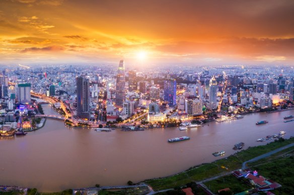 Ho Chi Minh City and the Mekong River at sunset.