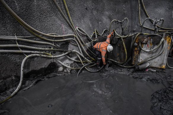 Never easy: A worker at the State Library Station site of the Metro Tunnel project earlier this month.