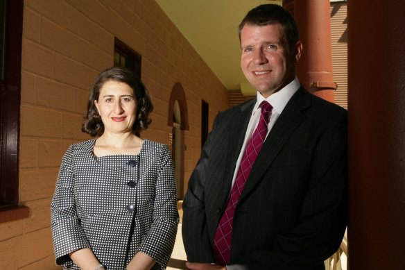 Then-shadow NSW transport spokeswoman Gladys Berejiklian and then-shadow treasurer Mike Baird in 2010.  