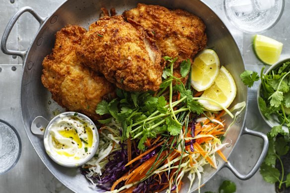 Spicy fried chicken with sour cream dip.