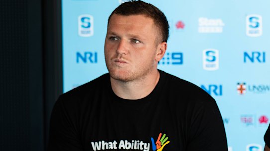 Angus Bell, a What Ability ambassador, speaks to the media at Waratahs HQ.